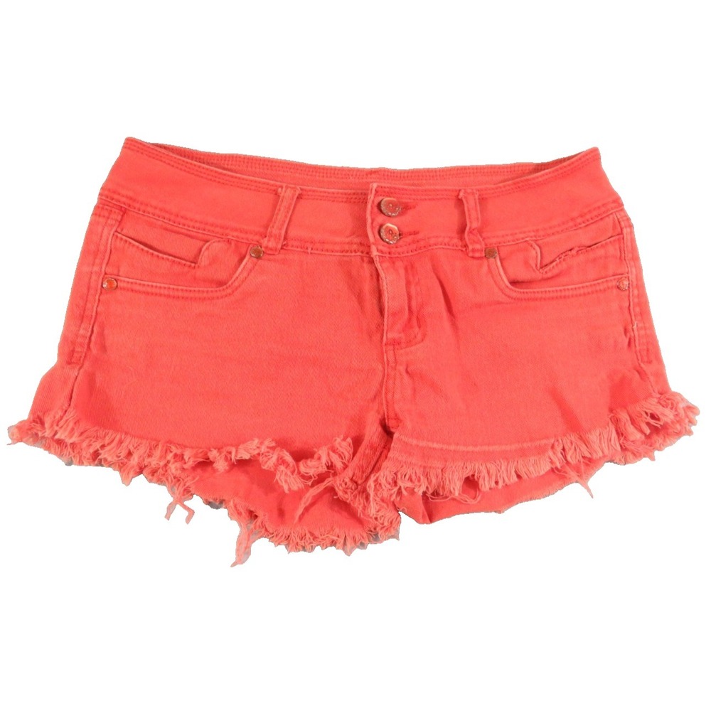 Y2K Bebe Womens 11/12 Coral Pink Orange Denim Shorts‎ Frayed Hem Stretch Cut Off